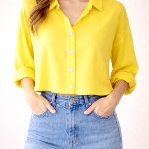 Sunny Yellow Button Down Shirt 100% viscose Lightweight Spring Summer Size M